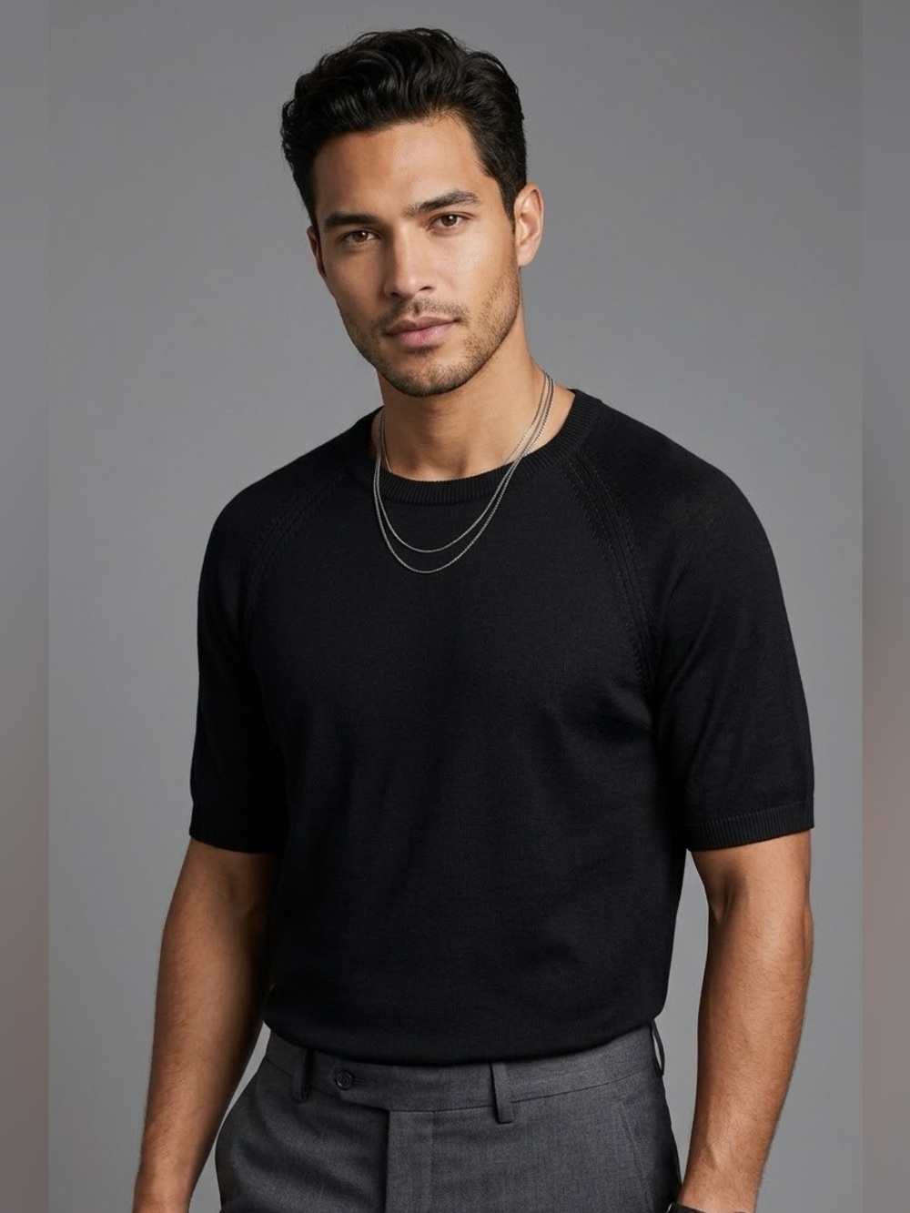 Perry Ellis 100% Silk Knit Short Sleeve Sweater Top XL Black